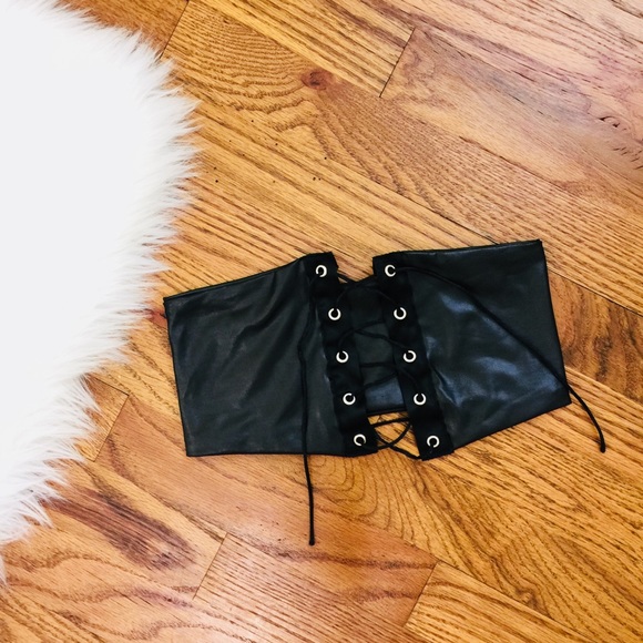Tops - Black Faux Leather Lace Up Front Bandeau Crop Top